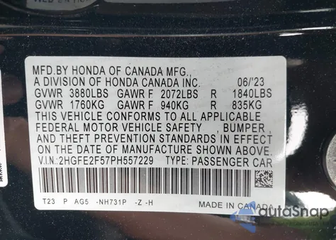 2023 Honda Civic Sport из США, поврежденный, VIN 2HGFE2F57PH557229